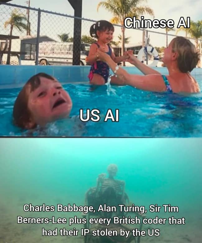 Drowning kid meme with US and Chinese AI, and a skeleton for British computing pioneers