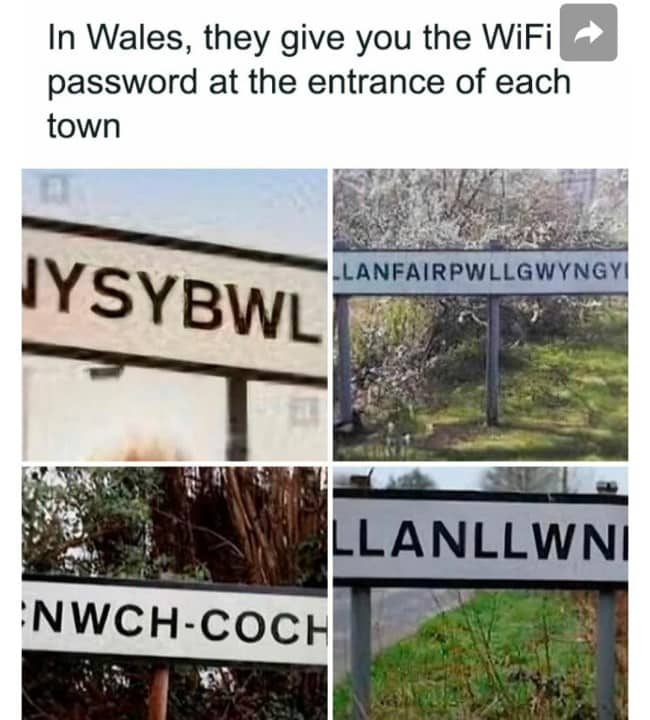 Welsh town signs with long place names, joked to be the local WiFi password