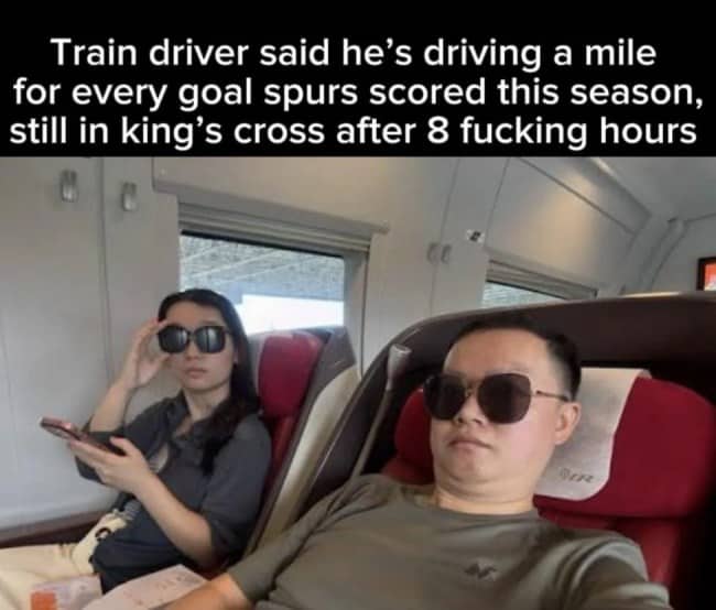 Couple in sunglasses on a train, captioned with a football joke about Spurs goals