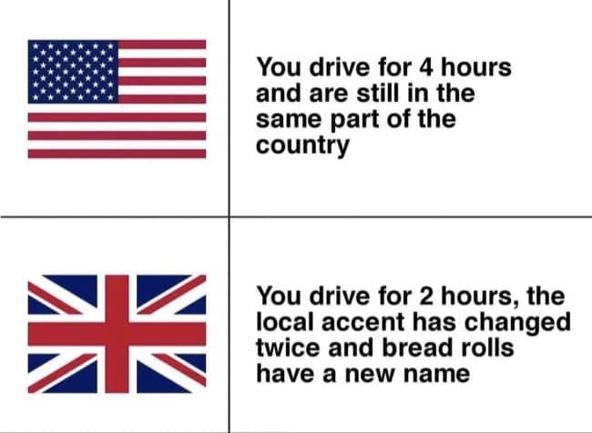 US and UK flags comparing long drives with rapid accent and bread roll name changes