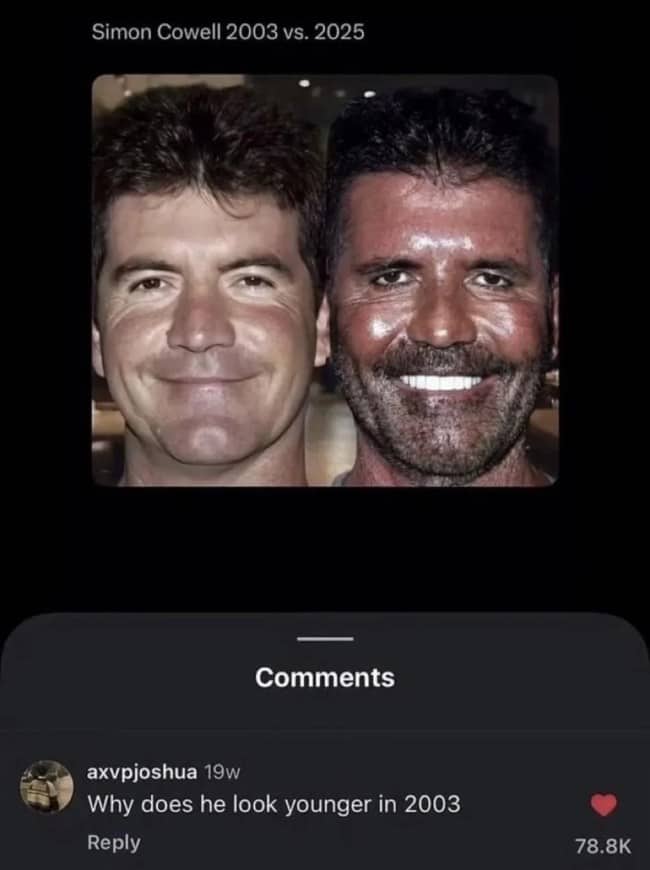Side by side photos of Simon Cowell in 2003 and 2025 with a comment about aging