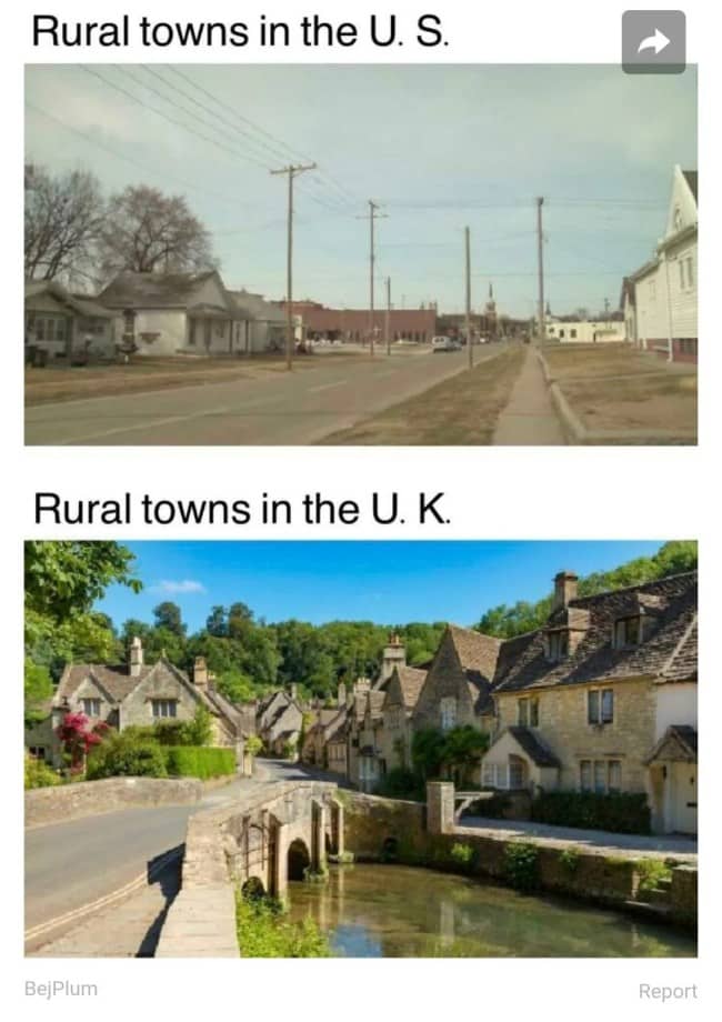 Comparison of a plain rural American street and a picturesque English village with a stone bridge