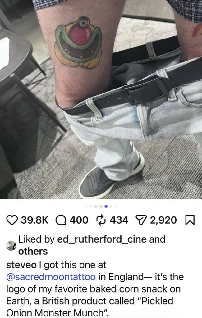 Leg tattoo of the Pickled Onion Monster Munch mascot, a much loved British corn snack