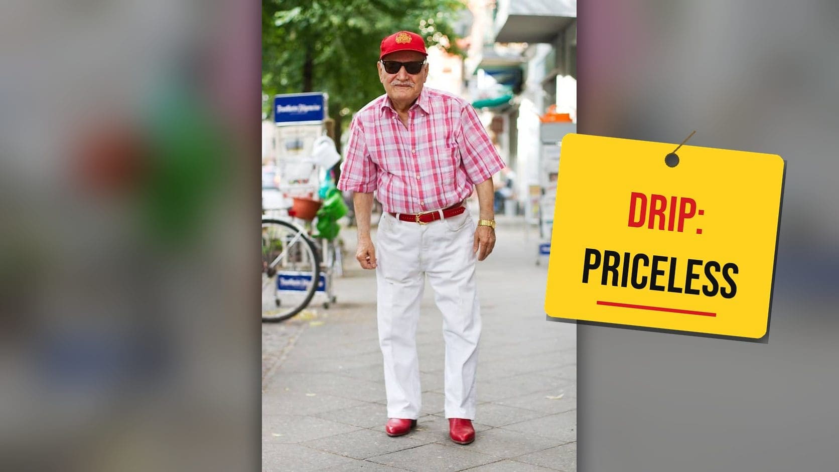 A stylish grandpa in a red cap, pink plaid shirt, white jeans, and red shoes, the kind of look that makes cool grandpas unbeatable.