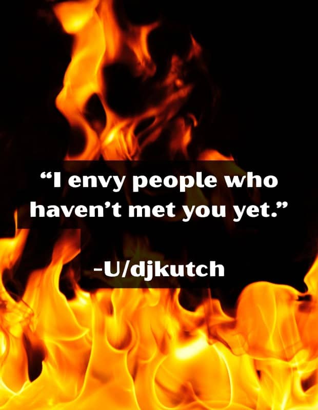 Creative insults quote over flames reading I envy people who haven't met you yet