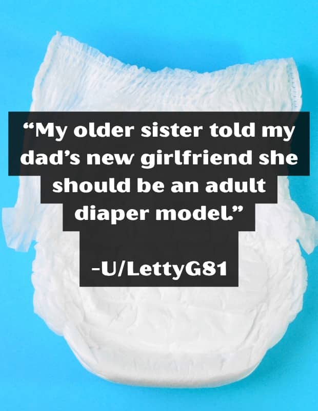 Adult diaper on a blue background with a story about a sister's insult to dad's girlfriend