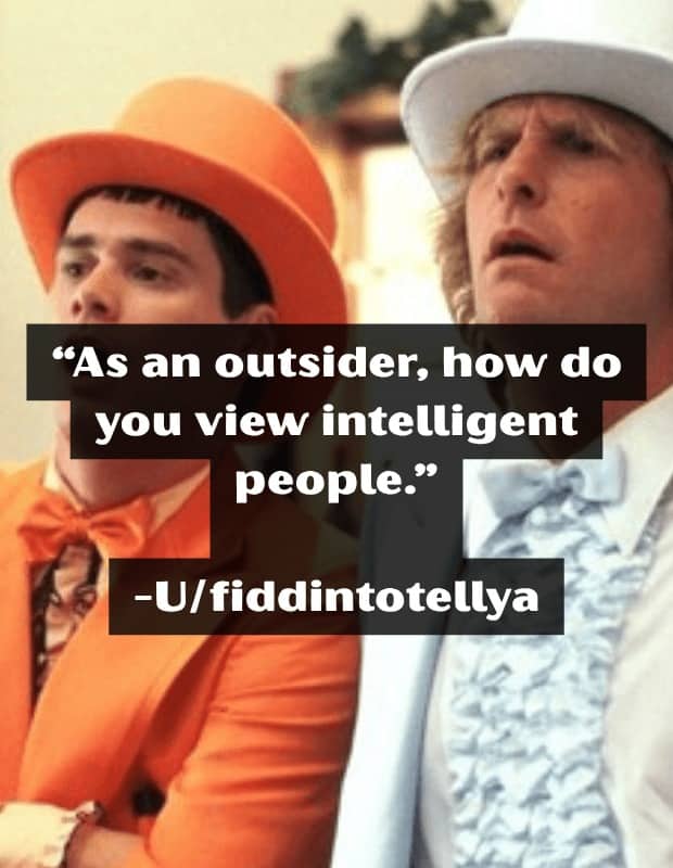 Dumb and Dumber characters in tuxedos with an insult about viewing intelligent people