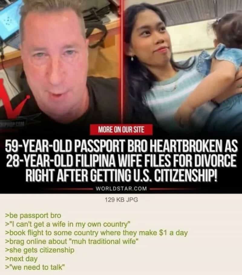 News article screenshot about a passport bro getting divorced immediately after his young wife receives citizenship as a cringe meme.