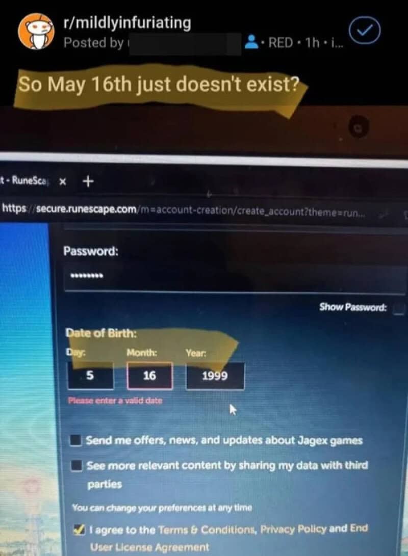 RuneScape sign-up form screenshot where a user typed 16 into the month box and complained online in a cringe meme.