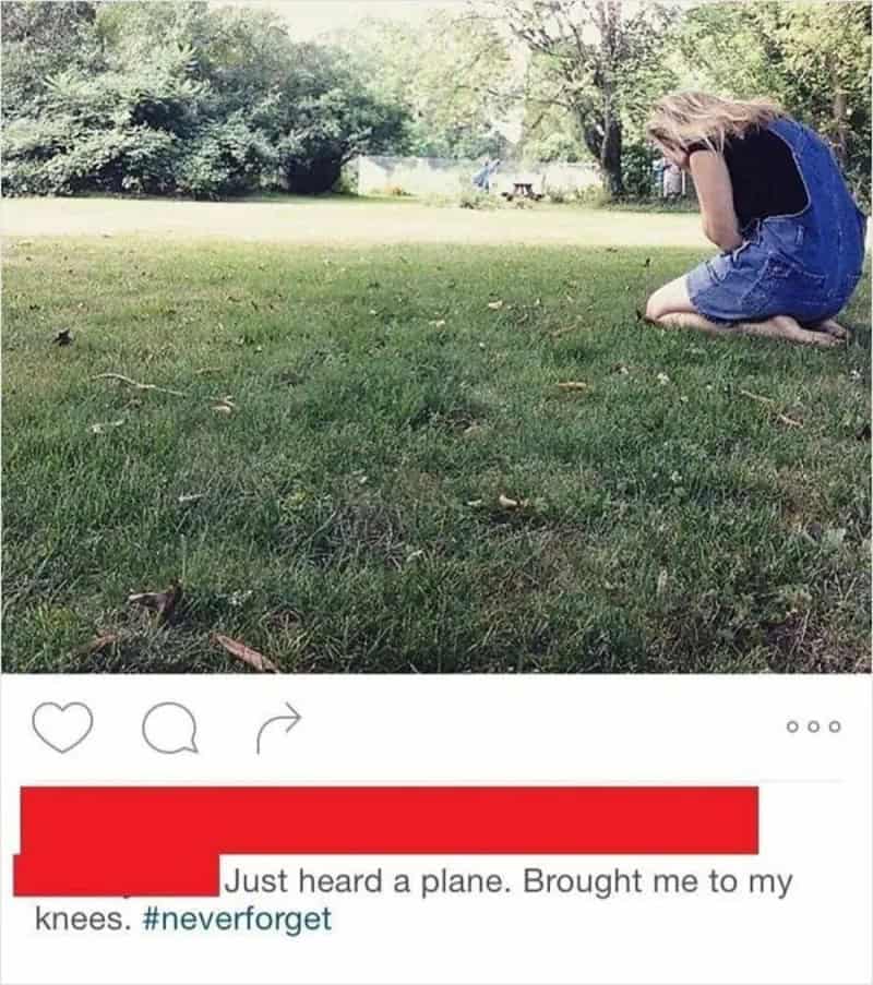 Instagram post featuring a girl kneeling dramatically in her lawn after hearing an overhead plane in a cringe meme.