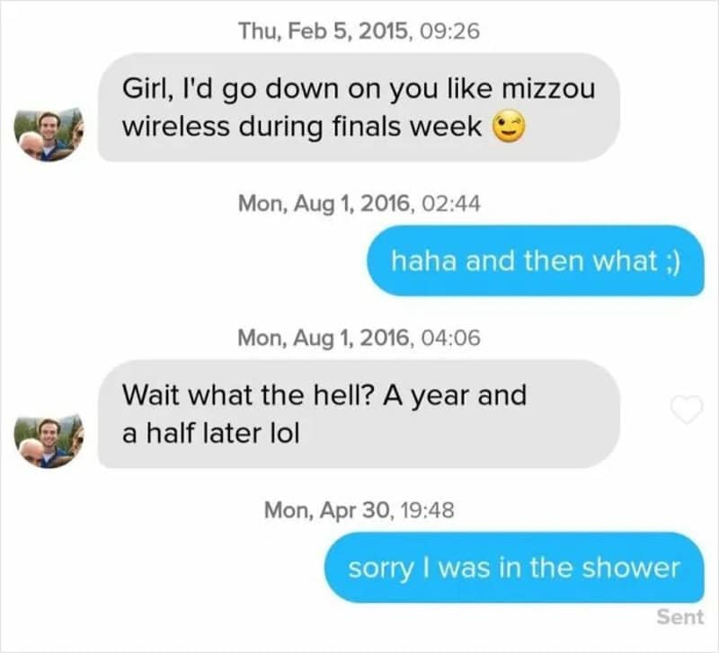 Dating app chat where a crude college Wi-Fi joke finally gets a reply years later.