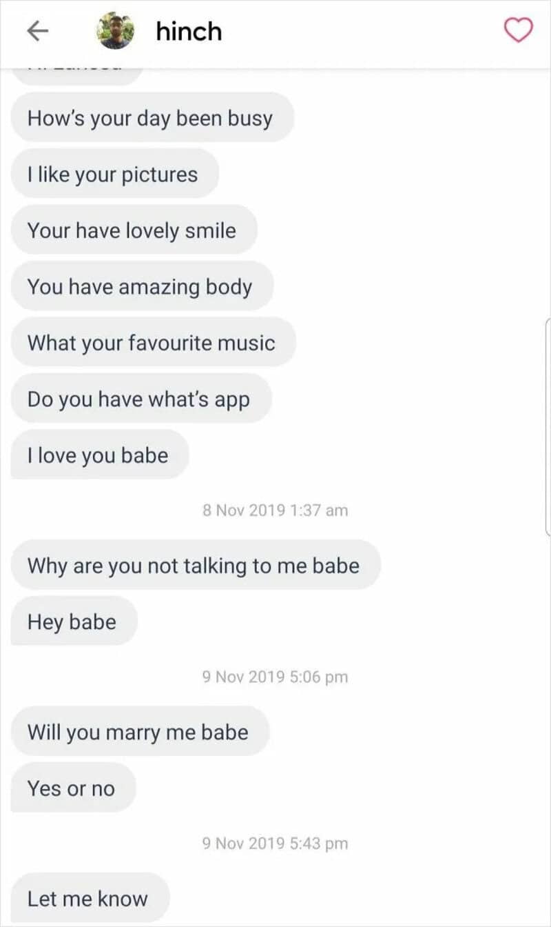 Dating app messages from one man escalating from compliments to a marriage proposal in days.