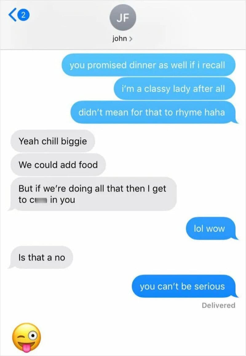 Text exchange where a man's dinner invitation turns into a crude demand.