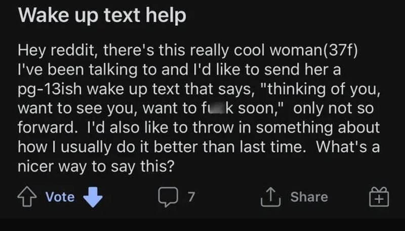 Reddit post asking how to make a crude wake up text sound more romantic.