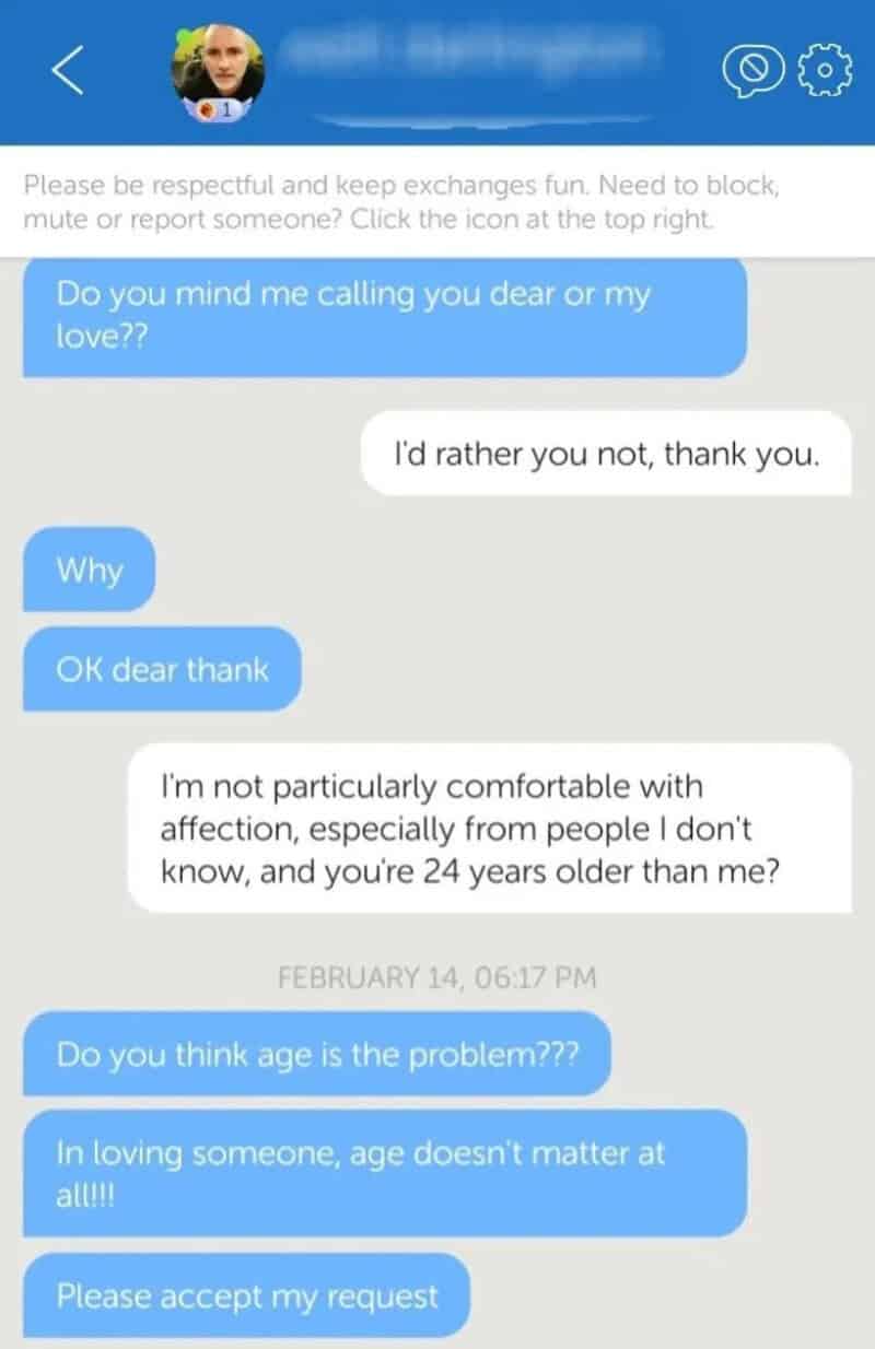 Much older man keeps asking a woman to accept his affection after she declines.