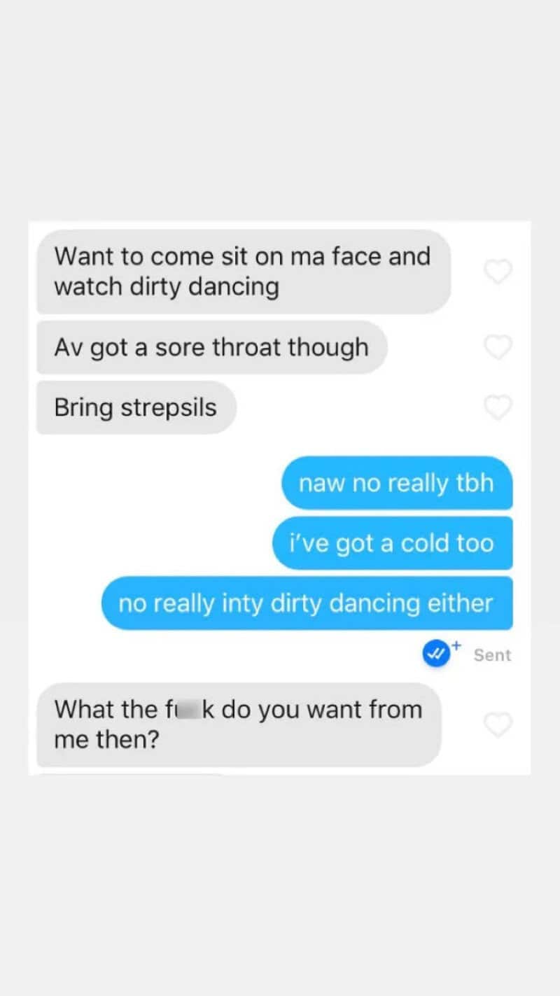 Crude invitation to watch Dirty Dancing that also asks her to bring throat lozenges.