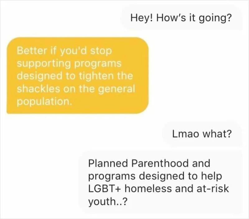 Dating chat where a man answers a friendly hello by attacking a woman's charity choices.
