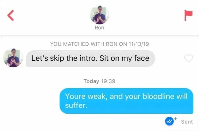 Tinder match opens with a crude request and gets a devastating reply about his bloodline.