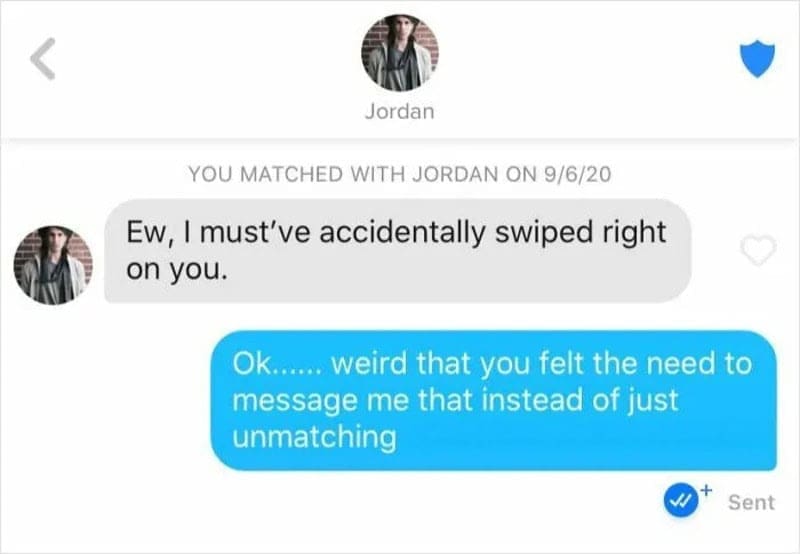 Man messages a new match to tell her he swiped right on her by accident.