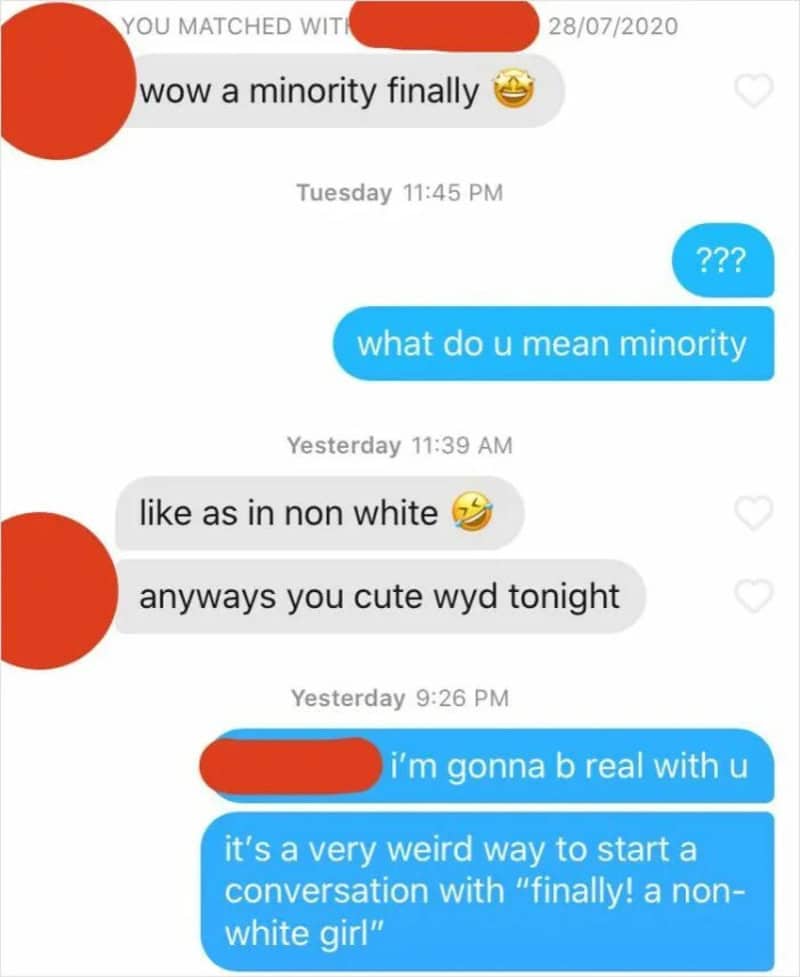 Dating match opens by celebrating that a woman is not white, then asks her plans.