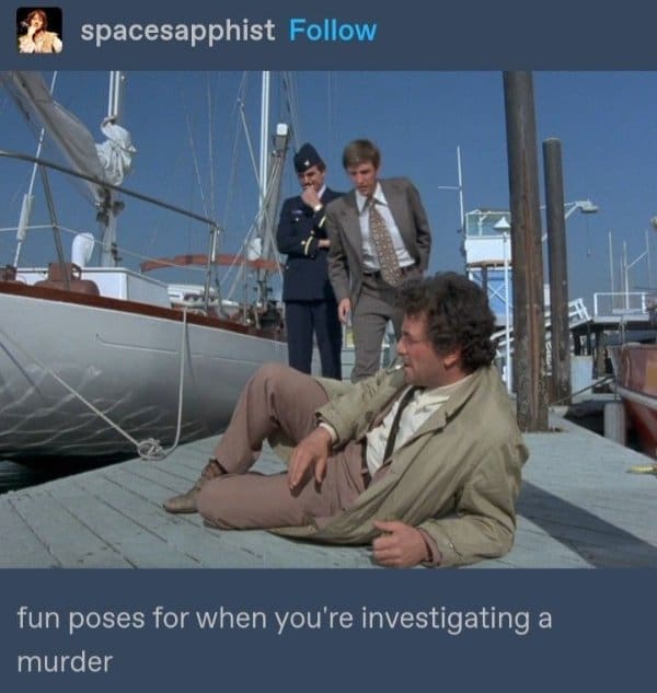 Peter Falk as Columbo lounging on a marina dock while two men stand over him.