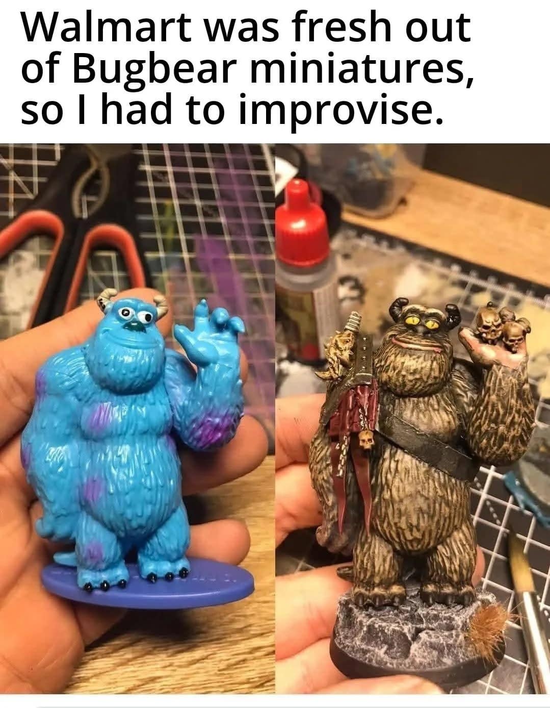Side-by-side photo showing a blue Sulley figure from Monsters, Inc. repainted into a dark, grimdark tabletop Bugbear miniature with skull accessories.