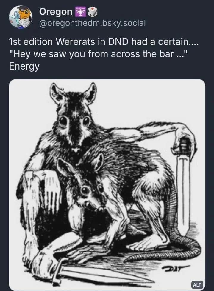 First-edition D&D monster manual illustration of two Wererats posing menacingly with daggers, captioned on social media as having 'saw you across the bar' energy in a d&d meme.
