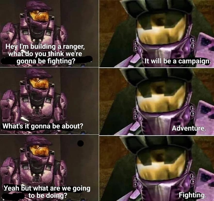 Halo armored soldiers discuss a ranger build, learning the campaign is adventure and fighting.