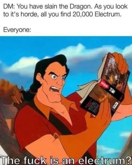 Gaston from Beauty and the Beast reading the Player's Handbook in pure rage after finding 20,000 electrum pieces in a dragon hoard in a dnd meme.