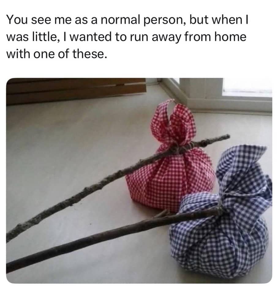 Nostalgic funny meme showing classic cartoon bindle sacks tied to wooden sticks on a floor.