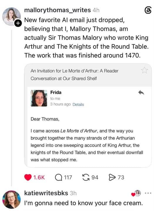 Funny memes social post showing an AI email misidentifying a modern writer as historical.