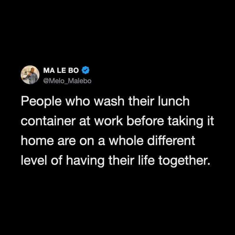 Dark mode tweet praising people who wash Tupperware containers in the office breakroom sink as having peak adult order in a funny work meme.