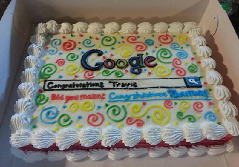 Search engine themed goodbye cake reading Congratulations Travis, did you mean Congratulations Thomas
