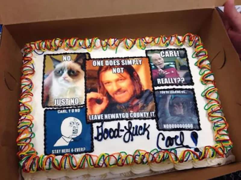 Sheet cake covered in classic memes wishing a coworker named Carl good luck leaving