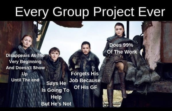 Game of Thrones Stark siblings labeled as group project roles, with Arya doing 99 percent.