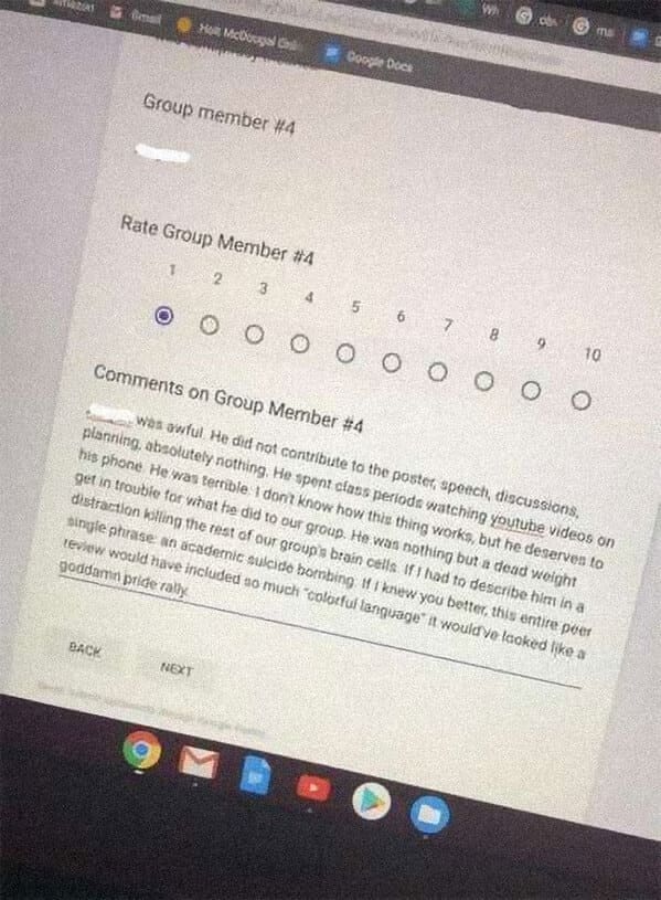 Online peer review form giving a group member one out of ten with a furious comment.
