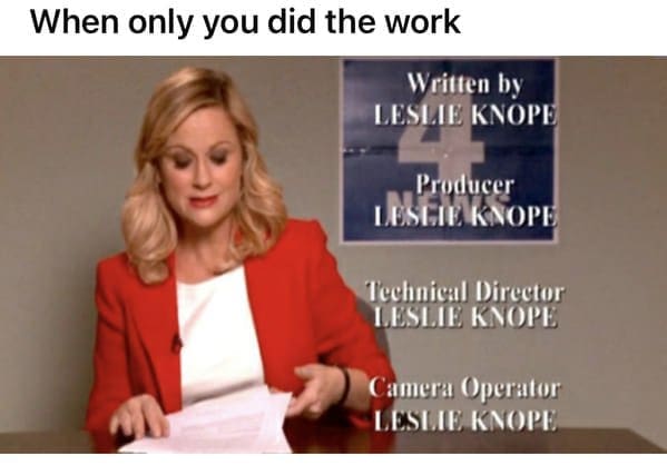 Amy Poehler as Leslie Knope with news credits naming her writer, producer, and camera operator.