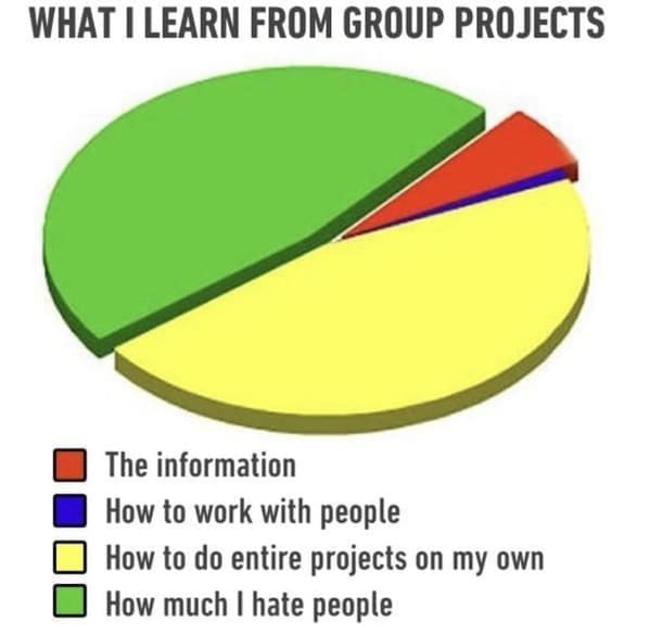 Pie chart showing that group projects mostly teach working alone and hating people.