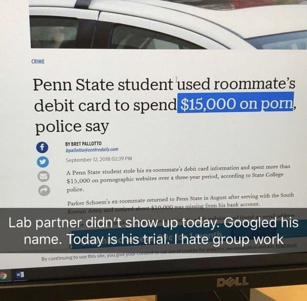 Phone snapshot of a news article, captioned about a lab partner missing class for his trial.