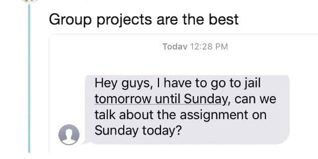 Group chat message from a student going to jail until Sunday, asking to talk Sunday.