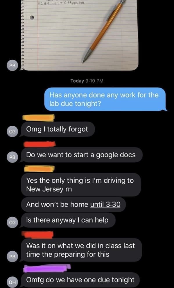 Group chat where classmates realize at 9 PM that a lab report is due tonight.