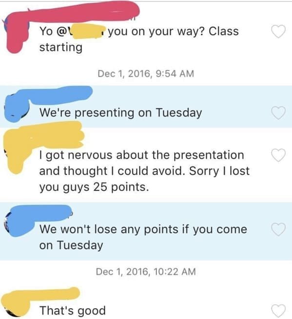Group chat where a nervous student skips class, not realizing the presentation is Tuesday.