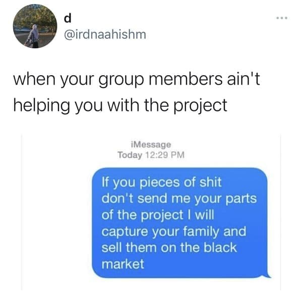 Tweet showing an angry text threatening group members who won't send their project parts.