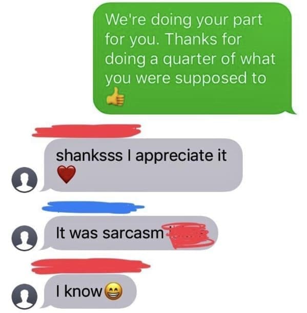 Text thread where a group member cheerfully thanks the team for redoing his share of the work.