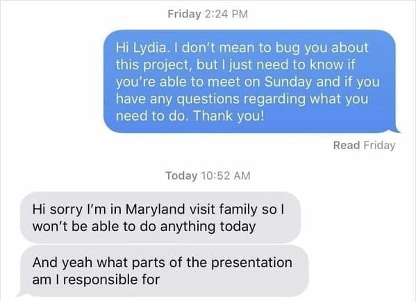 Polite text about a Sunday meeting answered days later with an out-of-town family visit excuse.