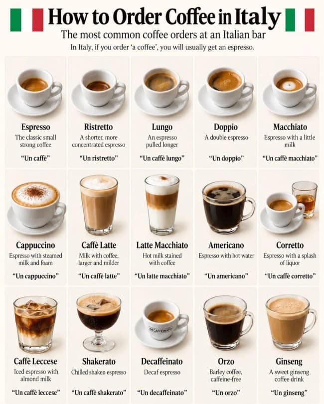 Illustrated guide to fifteen common coffee orders at an Italian bar.