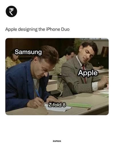 Bean looking over at another student's exam paper, labeled as Apple copying Samsung's Galaxy Z Fold 8 blueprint for the iPhone Duo in an iphone duo meme.