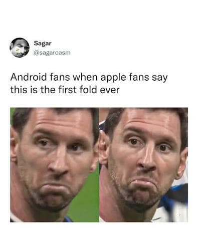 Lionel Messi giving a deeply unimpressed face representing Android users reacting to Apple claims in an iphone duo meme.
