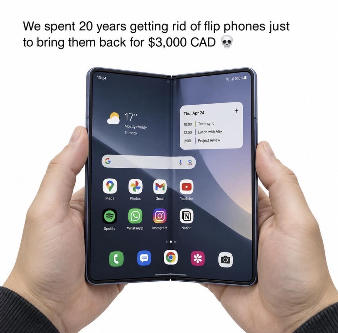 Hands holding an unfolded dual-screen smartphone with text lamenting the return of $3,000 flip phones in an iphone duo meme.