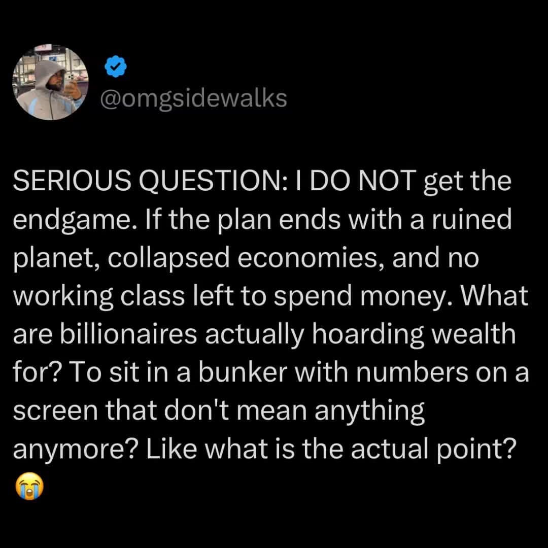 Viral tweet questioning the ultimate endgame of billionaires hoarding wealth on a ruined planet in a funny meme.